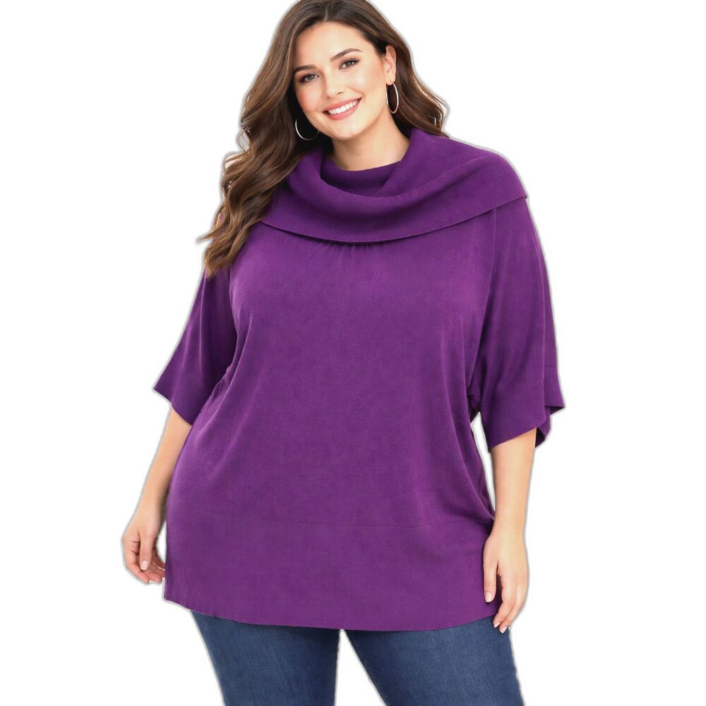 Avenue Women's Plus Purple Cowl Neck Acrylic Loose Half Sleeve Sweater 22-24